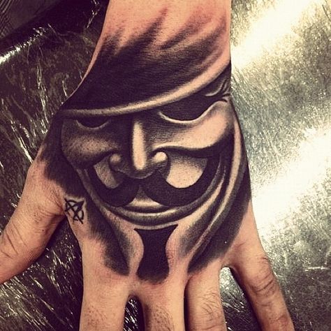 v Dope Hand Tattoos For Guys, Hand Mask Tattoo, Anonymous Tattoo, Vendetta Tattoo, Skull Hand Tattoo, P Tattoo, Trending Tattoos, Reaper Tattoo, Tattoo Back