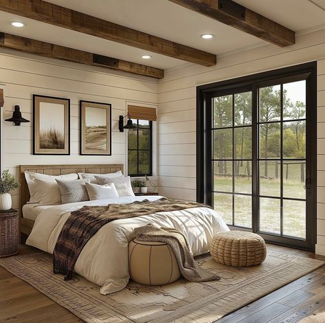 Bedroom Ideas Barndominium, Modern Farm Bedroom Ideas, Bedroom With Wooden Beams, Master Bedrooms Large, Master Bedrooms Rustic, Bedroom With Wood Beams, Barndominium Ideas Interiors Bedroom, Ranch House Master Bed, Beams Bedroom