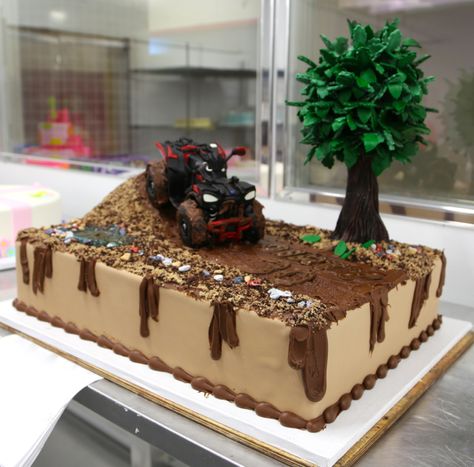 This cake is taking a ride on the muddy side...and by mud, we mean chocolate! Mud Birthday Cake, Mudding Party Ideas, 4wd Cake, Off Road Cake, Cupcake Ideas For Boys, Atv Cake, 4 Wheeler Cake, Cake Boss Cakes, Motocross Cake