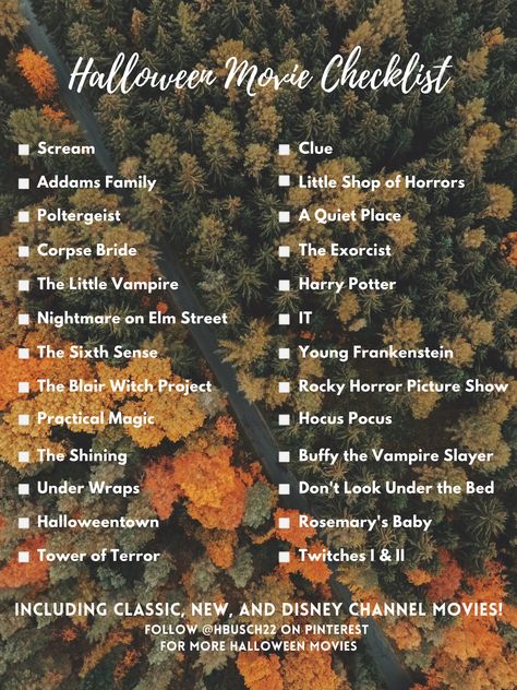 Halloween Movie Checklist, Fall Lists, Disney Channel Halloween, Disney Halloween Movies, Movie Checklist, Halloween Things To Do, Fall Movies, Classic Halloween Movies, Halloween Movies List