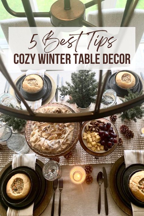 Looking for dinner party ideas that will make your table decor SUPER cozy this winter? Feel free to take a peek at our 5 favorite tips. #wintertabledecor #winterdecor #winterdecorideas #dinnerparty #dinnerpartyideas #tabledecor #tablescapes Winter Dining Room Table, Winter Tablescapes After Christmas, Winter Dining Room Table Decor, Winter Dining Room, Casual Dinner Table, Winter Table Decor, Winter Lunch, Winter Dinner Party, Winter Tablescapes