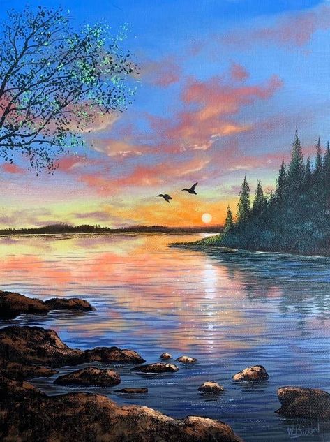 Scenic Photos Landscapes, Mountain With Sunset Painting, Sunsets Paintings Acrylic, Painting Ideas Scenery Beautiful, Water Painting Scenery, Acrylic Painting Landscape Nature Easy, Acrylic Scenery Painting Ideas, Beautiful Art Paintings Nature, Canvas Painting Ideas Scenery