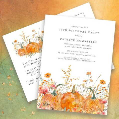 $1.55 | Pumpkin Wildflower Fall 30th Birthday Party - 30th birthday party invitation invite, budget affordable cheap postcard, orange watercolor pumpkin, fall color burgundy red yellow, delicate meadow wildflower, rustic autumn boho chic bohemian, gray text white background, cottage garden aesthetic vibe, elegant simple floral flower, adult man woman traditional classic Cottage Garden Aesthetic, Orange Wildflowers, 60th Birthday Party Invitations, 30th Birthday Party Invitations, 40th Birthday Party Invites, 100th Birthday Party, 50th Birthday Party Invitations, Orange Watercolor, 21st Birthday Invitations