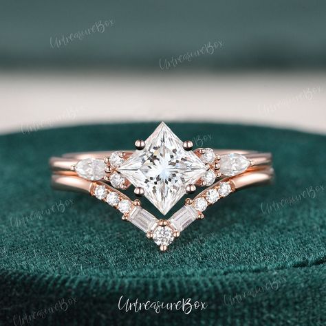 Unique Princess Cut Engagement Ring Set Women 1.2ct Moissanite Rose Gold Bridal Set Diamond Cluster Ring Vintage Baguette Wedding Ring Sets Jewelry Details: * Center Stone: Moissanite, D-E-F, Kite Cut * Measures: 6mm, about 1.2ct * Accents: Moissanite or Natural Diamond * Weight: about 0.336 ct * Natural Diamond: * Color & Clarity: H, SI * Metal Type: Solid 14k yellow gold, rose gold, white gold (Platinum, 10K or 18K metal upgrade, upon request) * Eco Friendly and Sustainable & All diamonds are Unique Bridal Sets Rings, Princess Wedding Ring Sets, Kite Princess Engagement Ring, Moissanite Princess Cut Engagement Ring, Princess Cut Kite Setting, 3 Stone Engagement Rings Princess Cut, Kite Set Princess Cut Engagement Ring, Princess Cut Settings, Unique Engagement Ring Sets