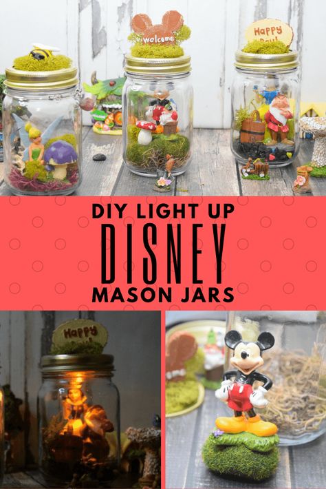 Make a DIY Light Up Disney Mason Jar with your favorite characters for a nightlight for you or the kids with Disney characters. #DIY #craft #kidscrafts #disney Light Up Mason Jars, Disney Bedroom, Flower Bed Decor, Disney Craft, Jar Projects, Disney Garden, Up Disney, Disney Diy Crafts, Boss Gifts