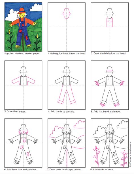 How to draw a scarecrow in a field. PDF tutorial available. #scarecrow #howtodraw Scarecrow Drawing, Thanksgiving Classroom, Fall Art Projects, Draw Animals, 3rd Grade Art, Classroom Art, Art Lessons For Kids, Fall Art, Halloween Drawings