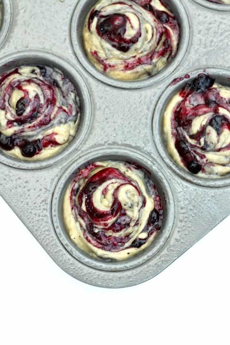 Blueberry Swirl Muffins Blueberry Preserves, Swirl Muffins, Muffin Baking, Swirled Bread, Fruit Preserves, Blueberry Muffins, Baking With Kids, Muffin Cups, Cookie Scoop