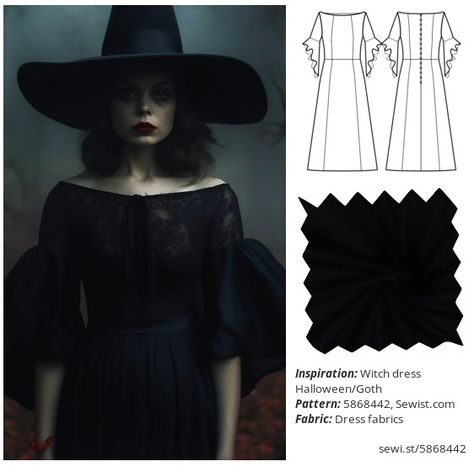 Online Pattern Designer Sewist CAD. Styleboard Witch dress Halloween/Goth.Make your own sewing pattern, enter your measurements and download PDF sewing pattern in 5 minutes! Goth Sewing Patterns, Goth Sewing, Witch Dress Halloween, Clothing Sewing Patterns, Sewing Pattern Pieces, Sabrina Neckline, Halloween Goth, Witch Dress, Costume Sewing Patterns