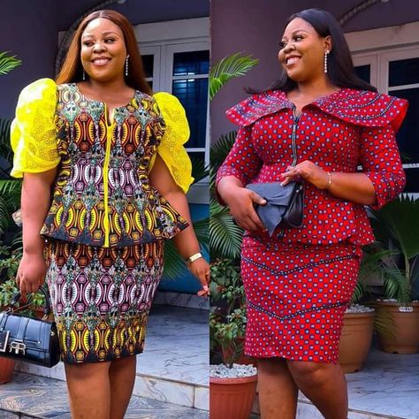 Ankara Peplum Top And Skirt, Ankara Peplum Blouse And Skirt, Black Wide Leg Trousers Outfit, Ankara Peplum Blouse, Tops Ankara, Lace Skirt And Blouse, Ankara Skirt And Blouse Styles, Skirt And Blouse Styles, Print Dress Designs