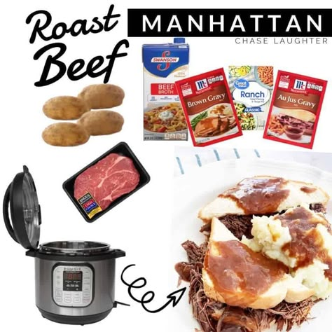 Roast Beef Manhattan Recipe, Beef Manhattan Recipe, Beef Manhattan, Instant Pot Roast Beef, Roast Beef Au Jus, Instant Pot Roast, Pot Roast Beef, Mashed Potatoes And Gravy, Manhattan Recipe