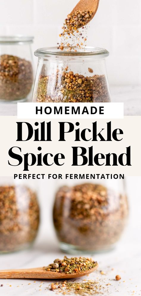 If you are going to make delicious fermented dill pickles, you need the right spice blend! This homemade dill pickle spice blend is the perfect, balanced mix for wild fermenting cucumbers into dill pickles. You can use this spice blend for canning and pickling recipes too. #dill #pickles #spices Dill Pickle Spices, Diy Pickle Recipes, Homemade Pickling Spice Recipe, Dill Pickling Spice Recipe, Pickling Spice Recipe Homemade, Pickle Spice Recipe, Pickle Seasoning Recipe, Pickle Spices, Canning Dill Pickles Recipe With Pickling Spice