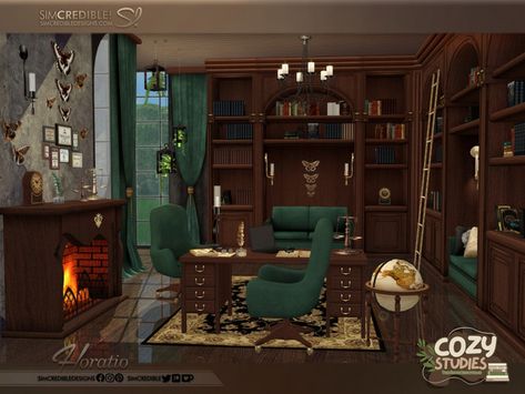 Sims 4 Office Cc, Sims 4 Office, Slytherin Decor, Dark Academia Office, Cozy Cabin Decor, Sims 4 Build Buy Cc, Floor Globe, Office Room Design, Build Buy Cc