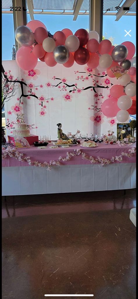 Nezuko Birthday Decoration, Japanese Party Food Ideas, Japanese Cherry Blossom Themed Party, Mulan Themed Quinceanera, Sakura Birthday Theme, Mulan Themed Birthday Party, Chinese Birthday Party Ideas, Mulan Party Ideas, Asian Party Decorations