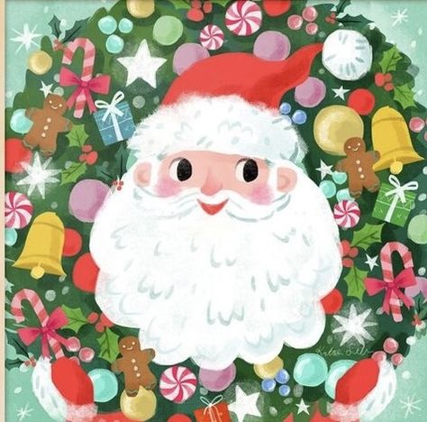 Kathryn Selbert, Santa Art, Santa Wreath, Animated Christmas, Holiday Illustrations, Christmas Illustration, Greeting Card Design, Christmas Designs, Christmas Wallpaper