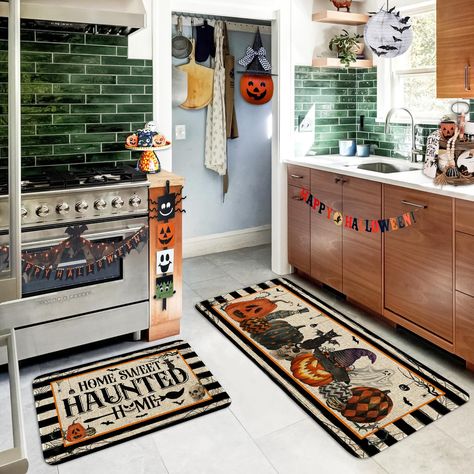 PRICES MAY VARY. 【Kitchen Rug Set & Material】 Halloween kitchen mat includes long kitchen mat(17" x 47") and small kitchen rug(17" x 30"). Halloween kitchen rug is made of high-quality 10% burlap(Topped) and 90% rubber(Backed), durable and fade resistant, 0.3 inches thickness, provides comfort feeling for people who standing for a long time. 【Unique Design】 Halloween rugs for kitchen is designed with Watercolor Spooky Pumpkin Skull Ghost Bat Cat on Black and White Stripes background pattern and Creepy Kitchen, Black And White Stripes Background, Home Sweet Haunted Home, Hanging Bats, Halloween Rugs, Simple Halloween Decor, Spooky Kitchen, Halloween Kitchen Decor, Stripes Background