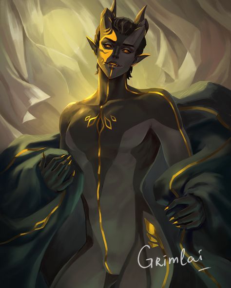 Black and gold demon Gold And Black Character Design, Gold Demon Art, Plant Demon Character Design, Demon Ideas Character Design, Gold Character Art, Black And Gold Character Design, Gold Character Design, Black Tiefling, Demon Character Design