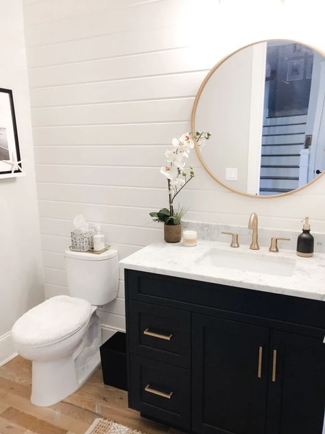 Room Bathroom Ideas, Bathroom Shiplap, Powder Room Bathroom, Shiplap Bathroom, Powder Room Decor, Black Vanity, Downstairs Bathroom, Basement Bathroom, Rooms Reveal