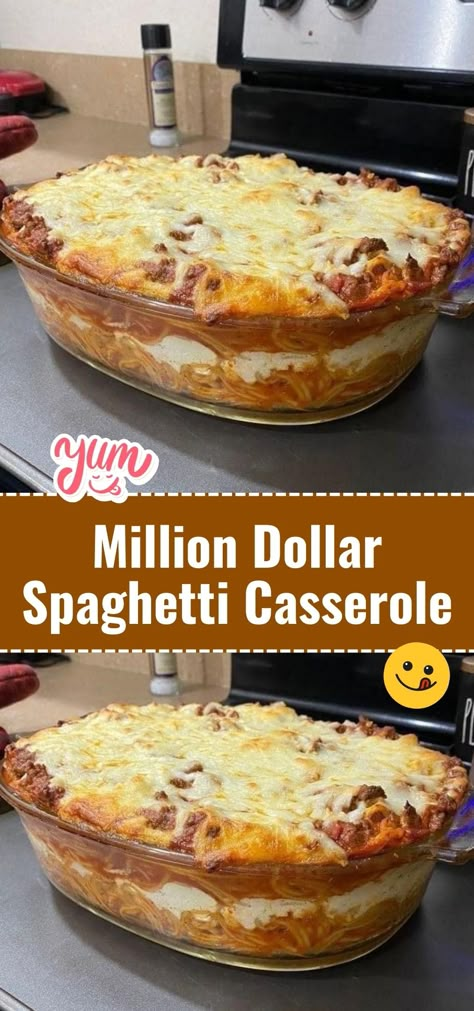 Get ready for a pasta extravaganza with the Million Dollar Spaghetti Casserole. It's a cheesy, crowd-pleasing dish that lives up to its name. #SpaghettiCasserole #CheesyPasta #FeedingACrowd Spaghetti Bake Recipes, Million Dollar Spaghetti Casserole, Million Dollar Chicken Casserole, Spaghetti Casserole Recipe, Baked Spaghetti Casserole, Homemade Meat Sauce, Million Dollar Spaghetti, Pasta Creamy, Beef Meals