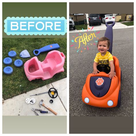 Step2 Push Car Makeover! #clemsontigers Push Around Buggy Makeover, Diy Push Car Makeover, Step 2 Push Car Makeover, Push Car Makeover, Mommy Costumes, Little Tikes Makeover, Bike Makeover, Cozy Coupe Makeover, Car Makeover