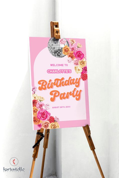 Hot Pink Birthday Party, Hot Pink Birthday, Disco Birthday, Birthday Welcome Sign, Party Welcome Sign, Pink Birthday Party, Welcome Sign Template, Floral Party, Party Sign