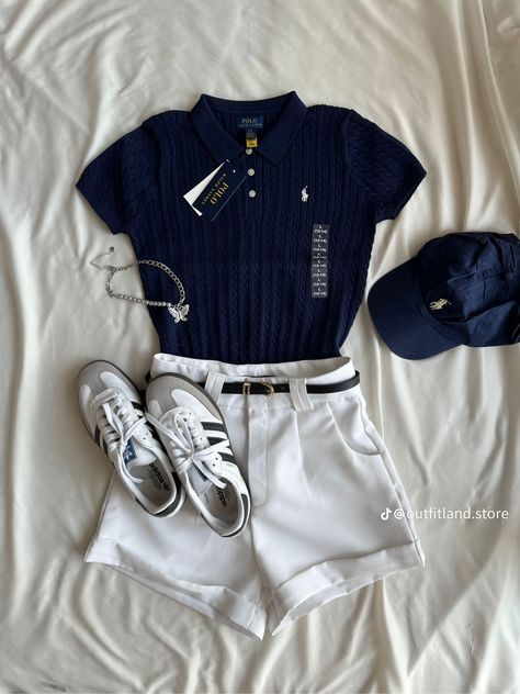 Summer Polo Outfits Womens Fashion, Chic Easy Outfits, Hamptons Outfit Ideas, Outfit Ideas For Breakfast, Quiet Money Outfits, Sailor Top Outfit, Ralph Lauren Socks Outfit, Old Money Summer Outfits Women Modest, Polo Outfit Aesthetic