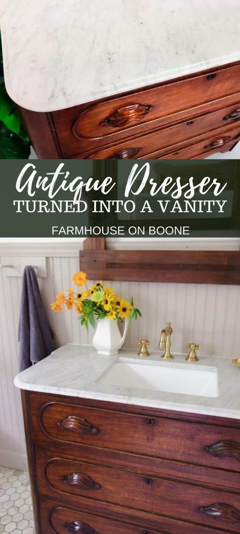 Farmhouse Dresser Vanity Bathroom, Bathroom Vanity Using Antique Dresser, Bathroom Vanity 1920s, Antique Vanity Makeover Bathroom, Wood Dresser Vanity Bathroom, Dresser Into Bathroom Vanity Diy, Antique Dresser As Bathroom Vanity, Bathroom Vanity Old Dresser, Bathroom Vanity Dresser Ideas