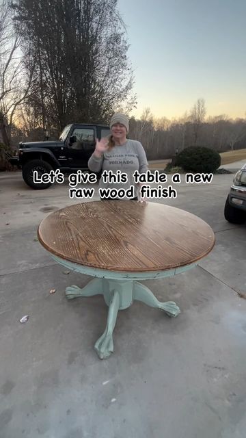 Tonya Cassidy on Instagram: "Raw wood finish for this oak table! . Comment “finish” and I will send you the stains I used to achieve this look! . The client had this oak table and wanted it updated into more of a driftwood finish— top, skirt and base! The table top was easy to sand and remove the previous finish, but removing the paint from the skirt and the pedestal base and all of the details took some time and effort! . To remove all of that paint I first sanded as much of it off with my orbital sander and then I used my scraper and my Dremel to remove the paint from the crevices and details! After everything was sanded, I mixed @minwaxusa simply white and early american stains— 1:5 part ratio to achieve a very neutral raw wood/driftwood finish! Finally I sealed it with 6 coats of p Bleach Kitchen Table, Stained Table Top Painted Base Dining Room, Restain Oak Table, Wood Top Table With Painted Base, White Wash Table Dining, How To Sand And Stain A Table, Refinishing Kitchen Table, Refinish Wood Table, Round Table Makeover