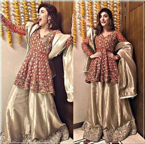 Fun Urwa Hocane Wedding, Lehnga Kurti, Peplum Wedding Dress, Urwa Hocane, Pakistani Dresses Party, Brown Clothes, Stitching Designs, Bridal Mehndi Dresses, Mehndi Dresses