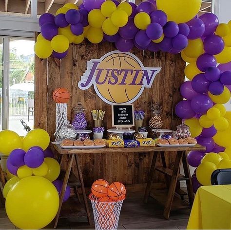 ⚜️Sabby Creations⚜️ on Instagram: “LosAngeles Lakers Colors💜🏀💛 Organic Garland Balloons Backdrop by @cotherusticchic #garlandballoon #partydecorations #partyplanning…” Lakers First Birthday Party, Lakers Theme Party, Laker Party Decorations, Laker Birthday Party Ideas, Kobe Bryant Themed Birthday Party, Lakers Party Ideas, Lakers Birthday Party Decoration, Kobe Bryant Birthday Theme, Lakers Birthday Party Ideas