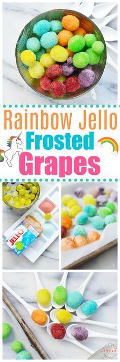 Rainbow Jello frosted grapes recipe! Rainbow frosted grapes are fun rainbow food that are also a gluten free treat! #food #recipes Frosted Grapes Recipe, Camping Food Ideas For Kids, Frosted Grapes, Rainbow Party Food, First Tooth Party, Tooth Party, Rainbow Jello, Rainbow Frosting, Grape Recipes