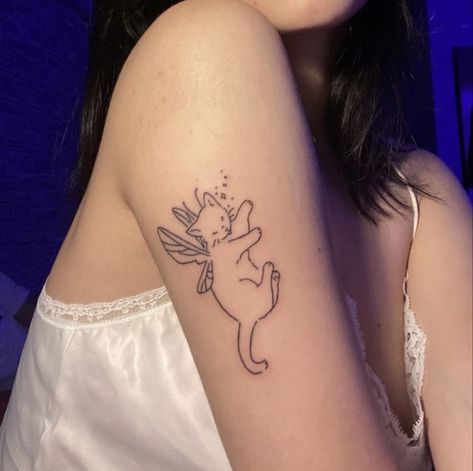 Fairy Cat Tattoo Drawing, Cat Tattoo Angel Wings, Fairy Cats Tattoo, Animals With Fairy Wings Tattoo, Matching Fairy Wing Tattoos, Dog With Fairy Wings Tattoo, Cat Angel Wings Tattoo, Winged Cat Tattoo, Cat With Butterfly Wings Tattoo