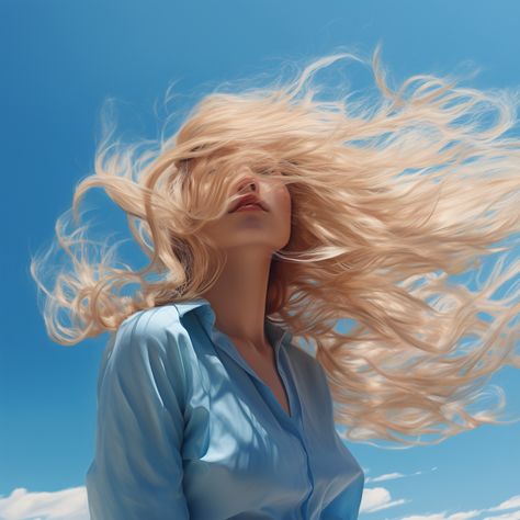 combed hair waving to the wind, blue sky background Wind Drawing, Flowy Hair, Wind Blown Hair, Hair In The Wind, Hair Photography, Hair Flow, Blue Sky Background, Sky Background, Girl Standing