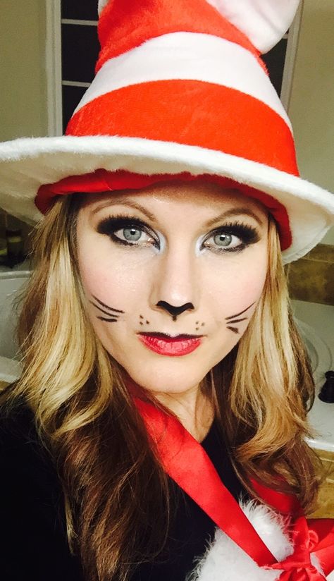 Cat In The Hat Face Makeup, Cat And The Hat Makeup, Cat In The Hat Costume Women's, Cat In The Hat Makeup, Cat In The Hat Diy, Cat In The Hat Costume, Easy Halloween Makeup Ideas, Seussical Jr, Easy Halloween Makeup