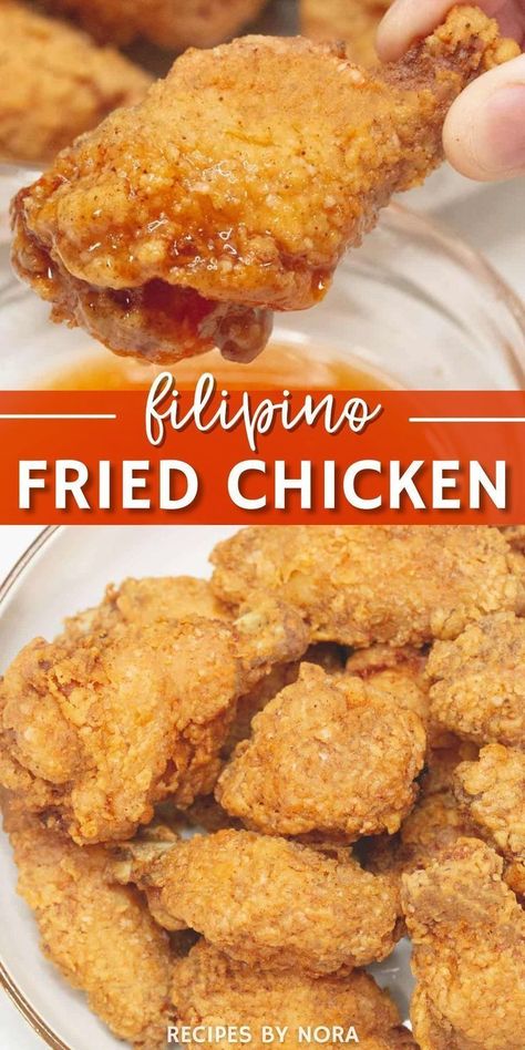 This Filipino Fried Chicken recipe is marinated in lemon juice and fish sauce, coated in a light batter, and fried until crispy. The result is a juicy and tender meat that's better than any takeout. It's easy to make and the ultimate comfort food that you can enjoy for lunch or dinner. Learn how to make this Filipino fried chicken for the juiciest, crispiest, absolute best fried chicken ever. Perfect for Memorial Day potlucks and picnics or a spring dinner at home. Fried Chicken With Sazon, Asian Fried Chicken Recipe, Jollibee Fried Chicken Recipe, What To Eat With Fried Chicken, Filipino Chicken Wings, Filipino Seafood Recipes, Filipino Comfort Food, Marinade For Fried Chicken, Coating For Fried Chicken