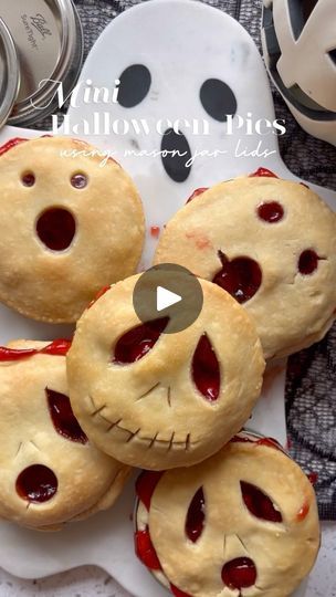 851K views · 147K reactions | 🎃👻 Get ready to spook up your dessert table with these adorable Mini Halloween Pies! 🥧✨ Perfectly sized and baked right in Mason jar lids, they’re as fun to make as they are to eat. Use your favorite filling, or make it easy with canned pie filling and premade crusts. 

Want to bake from scratch? Drop a PIE 🥧 in the comments, and I’ll share my simple, foolproof pie crust recipe next week! 

Ingredients:
4 Mason Jar Lids
Pie Crust
Pie Filling 
Melted Butter

Instructions:
1. Preheat your oven to 375°F.
2. Roll out your pie dough and use a Mason jar lid to cut 8 circles from each round of dough.
3. Set aside 4 circles for the pie tops and cut out spooky faces on them.
4. Flip the Mason jar lids so the rubber part faces down.
5. Press 4 of the dough circles i Mini Halloween Pies, Foolproof Pie Crust, Halloween Pies, Mason Jar Lid Pies, Gfdf Recipes, Canned Pie Filling, Mini Cherry Pies, Halloween Food Treats, Pie Crust Recipe