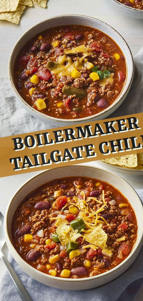 Boilermaker Tailgate Chili Traeger Chili Recipe, Desserts For Chili Cookoff, Chilli With Potatoes, Chili Recipe Crockpot Videos, Chili Cook Off Ideas, Game Day Chili, Boilmaker Tailgate Chili, Emeril Lagasse Chili Recipe, Chili Board