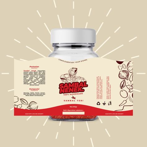 This is my Artwork for Sambal Nenek For bussiness inquiry : e-Mail : rizky.n.basir@gmail.com Instagram : www.instagram.com/rnbasyir Sambal Packaging Design, Logo Sambal Design, Sambal Packaging, Label Produk, Toples Kaca, Product Label Design, Cheese Packaging, Product Branding, Packaging Template Design