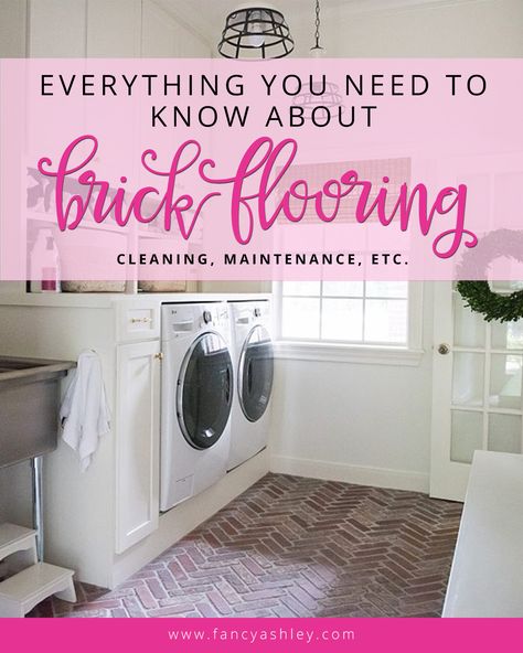 Laundry Brick Floor, Brick Floor Bathroom Ideas, Brick Bathroom Flooring, Mudroom Brick Floor, How To Clean Brick Floors, Brick Mudroom Floors, Cleaning Brick Floors, Brick Flooring Mudroom, Brick Floor Entryway