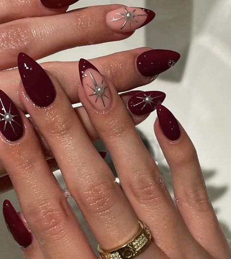 Cherry Red Chrome Nails Almond, Oxblood Nail Designs, Burgundy Nails Prom, Ruby Red Nails Designs, Almond Vs Stiletto Nails, Crimson Nail Designs, Goth Red Nails, Almond Nails Designs Red, Maroon Almond Nails