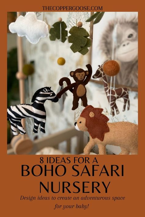 Need some nursery decor ideas for your baby? Safari and jungle decor bring a wild edge to your little one’s space. Here are 8 elements that I incorporated to create my own son’s safari nursery theme! Safari nursery // boho nursery // safari decor ideas // jungle nursery ideas // #safarinursery #animalnursery #junglenursery Jungle Nursery Ideas, Safari Nursery Ideas, Themed Nursery Ideas, Safari Nursery Theme, Safari Nursery Mobile, Boho Safari Nursery, Jungle Baby Room, Safari Themed Nursery, Baby Safari Nursery