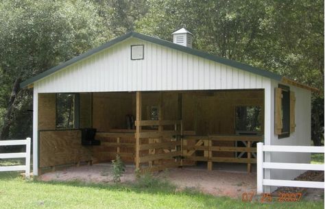 Run in shed with windows for ventilation, tack and hay storage Pasture Shelter, Small Horse Barns, Horse Shed, Hay Storage, Barn Stalls, Small Barns, Loafing Shed, Horse Barn Designs, Horse Shelter