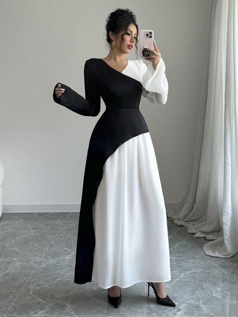 SHEIN Elenzya Elegant Black And White Patchwork V-Neck Long Dress, Autumn | SHEIN Shein Dress Classy, Classy Long Dresses, Dinner Dress Styles, Classy Dinner Dress, Classy Long Dress, Corporate Dresses, English Outfit, Pencil Dress Outfit, Job Clothes