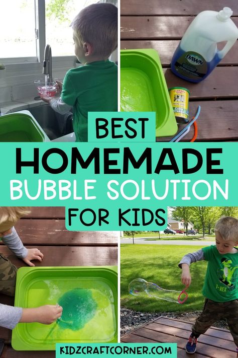 Summer is all about bubbles! Here you'll find an easy way to make homemade bubble solution for kids. This homemade bubble recipe includes things you'll find currently in your home. Your child will enjoy play time with a lot more when they can make their own bubbles. Bubble Recipes, Backyard Activities For Kids, Bubble Solution Recipe, Kids Craft Corner, Summer Craft Ideas For Kids, Homemade Bubble Solution, Summer Crafts For Toddlers, Bubble Recipe, How To Make Bubbles