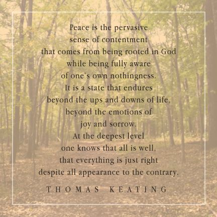 "Peace is the pervasive sense of contentment that comes from being rooted in God while being fully aware of one's own nothingness. It is a static that endures beyond the ups and downs of life beyond the emotions of joy and sorrow. At the deepest level one knows that all is well, that everything is just right despite all appearance to the contrary" -Thomas Keating #stopbreathebelieve Centering Prayer, Quiet Quotes, Contemplative Prayer, Love Is My Religion, Get Closer To God, Pep Talks, Inspirational Posters, Ups And Downs, Prayer Quotes