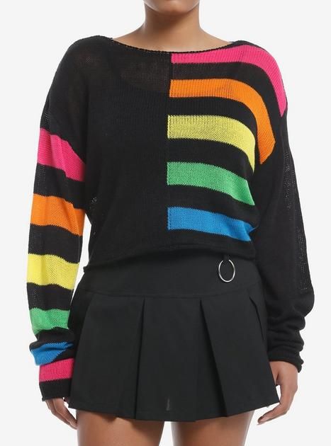 Rainbow Aesthetic Outfit, Boxy Knit Sweater, Rainbow Goth, Lgbtq Outfit, Social Collision, Lgbtqia Pride, Hot Sweater, Scene Outfits, Rainbow Outfit