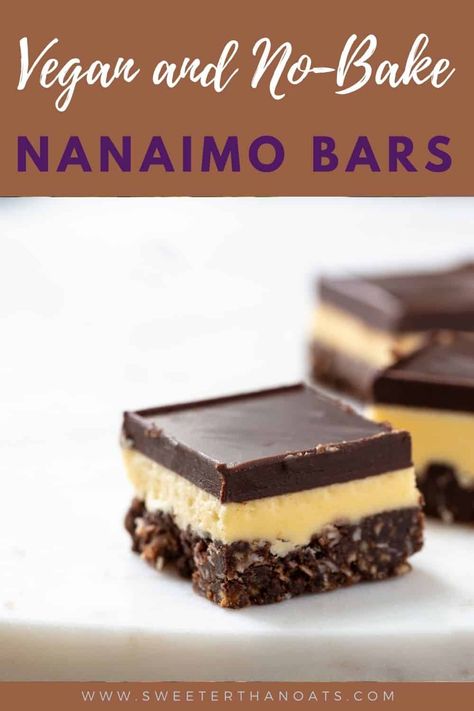 This vegan Nanaimo bar recipe is a delicious and guilt-free sweet option for all vegans out there. Packed with flavour, these Nanaimo bars have the perfect balance of sweetness. The base is made with a combination of crushed cookies, shredded coconut, and chopped walnuts, giving it a delightful crunch. The middle layer is a smooth and creamy vanilla custard and finally, the bars are topped with a rich layer of dairy-free chocolate that adds the perfect finishing touch. Vegan Nanaimo Bars, Nanaimo Bars Recipe, Nanaimo Bar, Nanaimo Bar Recipe, Eggless Cakes, Dessert Vegan, Nanaimo Bars, Amazing Food Decoration, Vegan Dark Chocolate