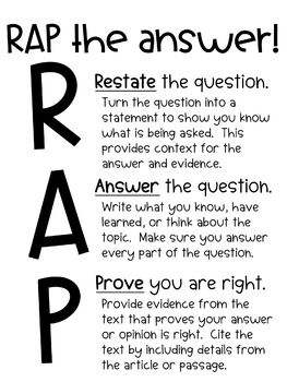 Do your students struggle with writing a constructed response? Teach them to RAP! Print smaller versions for individual students or print poster size to hang as an anchor chart. Rap Strategy Anchor Charts, Rap Anchor Chart, How To Write A Rap, Rap Writing Strategy, Short Constructed Response Anchor Chart, Constructed Response Anchor Chart, Rap Tips, Rap Writing, Constructed Language