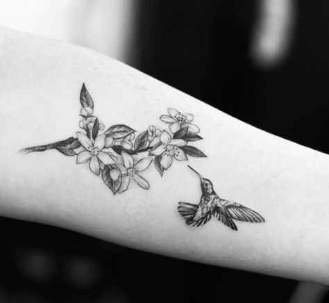 Hummingbird On Branch Tattoo, Florida State Flower Tattoo, Orange Blossom Tattoo, Flower Tattoo Placement, Tattoo Cuff, Pelican Tattoo, Hummingbird Flower Tattoos, Chandelier Tattoo, Orange Tattoo