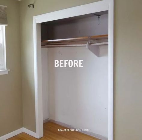 Before I had my bedroom closet updated, I thought having a "walk-in" closet was the only way my husband and I could share a closet. Turned out, we just needed a more efficient storage solution. Our old closet was a typical "reach in" closet that you would see in older homes. Here's how it looked after we emptied all contents out. It was a sad state of affairs with that old, single closet rod.     I’ve always thought the small sections of wall that cover our closet to be such a waste of s… Closet Wasted Space, Custom Reach In Closet Built Ins, Not Walk In Closet Ideas, Transforming Closet Space, Opening Closet Wall, Bedroom Closet Redo, Expand Small Closet, Low Closet Ideas, Diy Small Bedroom Closet Ideas