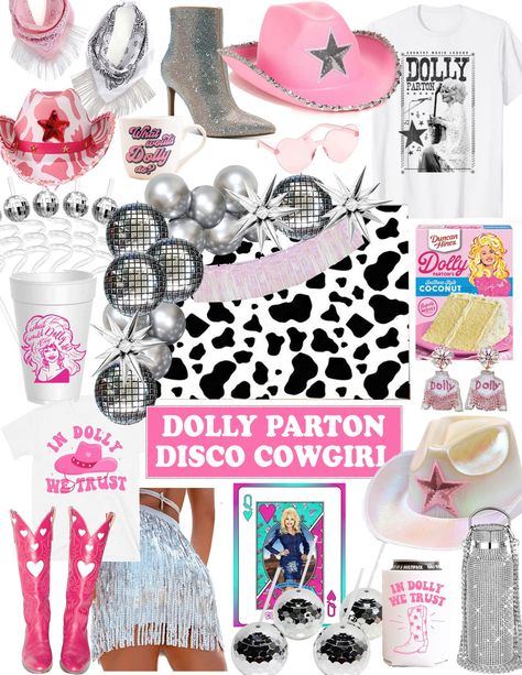 50th Birthday Rodeo Theme, Cowgirls Party Ideas, Dolly Disco Party, Nashville Birthday Decorations, Dolly Parton 21st Birthday, Dolly Parton Sweet 16, 30th Cowgirl Party, Yeehaw Birthday Party, Disco Cowgirl Themed Birthday Party